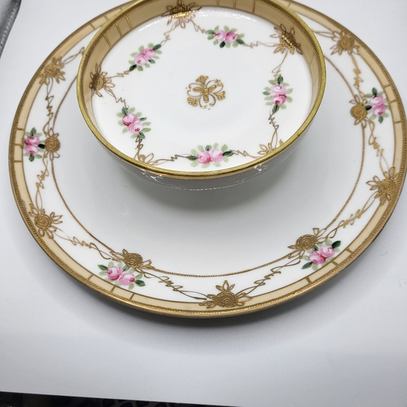 VTG Nippon Tiered Cheese Crackers Dish Handpainted Pink Roses Gold Trim Flowers - Picture 6 of 10